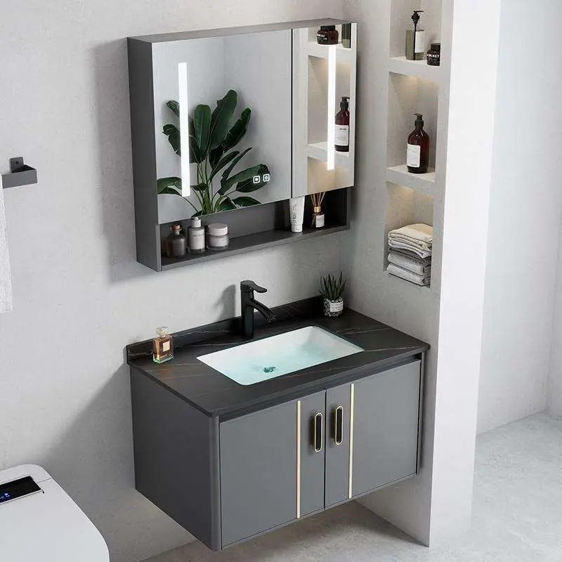 Modern Grey Wall-mounted Bathroom Vanity with LED Smart Mirror, Ceramic Sink & Multiple Size Options for Small Bathroom — view 1