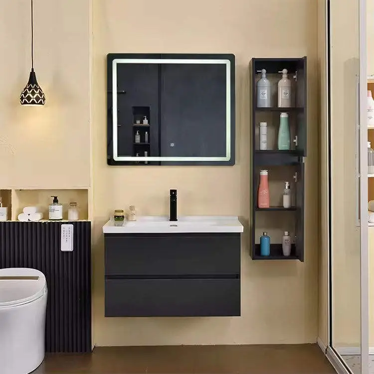 Contemporary Grey Bathroom Vanity with Soft Close Drawers Waterproof Scratch Resistant LED Mirror Bathroom Cabinet — image 3