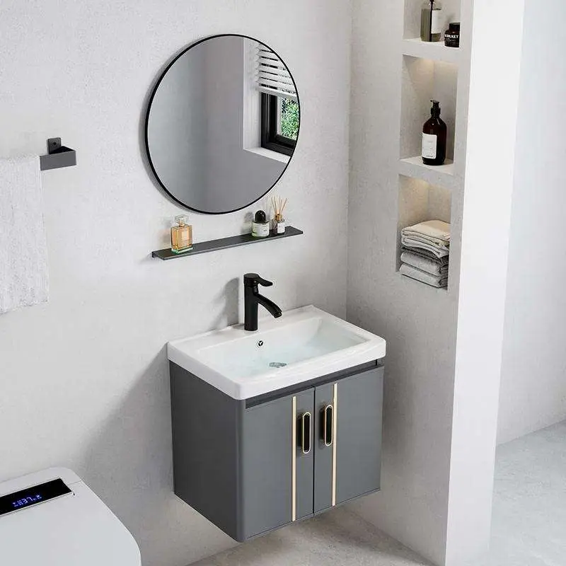 Modern Grey Wall-mounted Bathroom Vanity with LED Smart Mirror, Ceramic Sink & Multiple Size Options for Small Bathroom — image 3