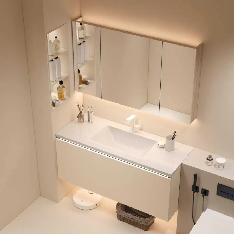Customized European Cream Style Champagne Wall-mounted Bathroom Vanity with Integrated Sink and Smart LED Mirror Cabinet — image 6