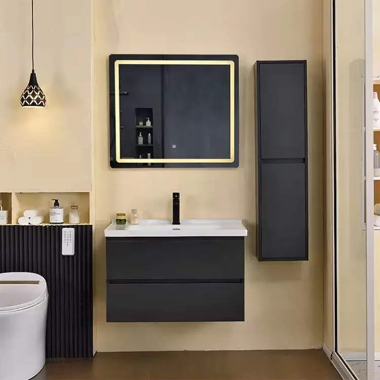 Contemporary Grey Bathroom Vanity with Soft Close Drawers Waterproof Scratch Resistant LED Mirror Bathroom Cabinet — image 5
