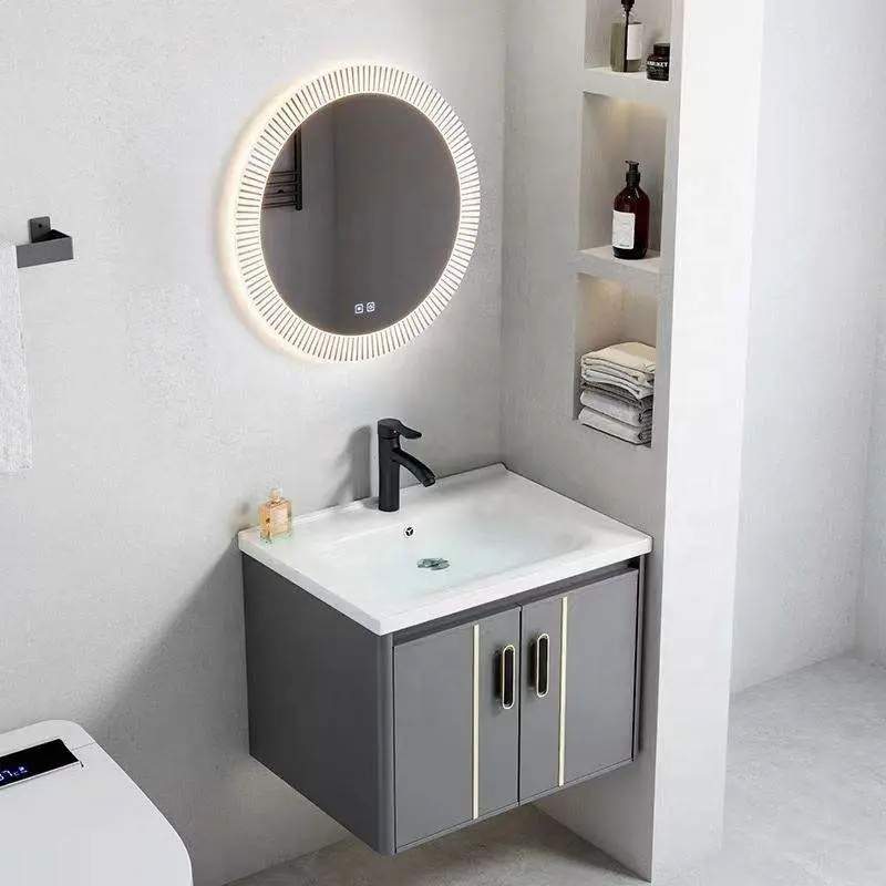 Modern Grey Wall-mounted Bathroom Vanity with LED Smart Mirror, Ceramic Sink & Multiple Size Options for Small Bathroom — image 4