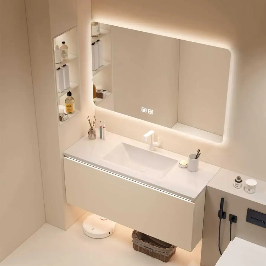 Customized European Cream Style Champagne Wall-mounted Bathroom Vanity with Integrated Sink and Smart LED Mirror Cabinet — image 7
