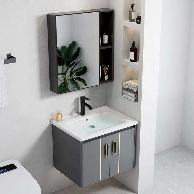 Modern Grey Wall-mounted Bathroom Vanity with LED Smart Mirror, Ceramic Sink & Multiple Size Options for Small Bathroom — image 5