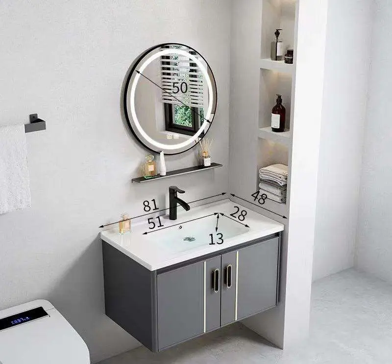 Modern Grey Wall-mounted Bathroom Vanity with LED Smart Mirror, Ceramic Sink & Multiple Size Options for Small Bathroom — image 6