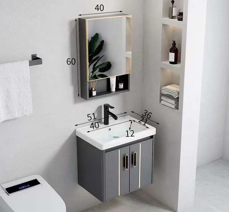 Modern Grey Wall-mounted Bathroom Vanity with LED Smart Mirror, Ceramic Sink & Multiple Size Options for Small Bathroom — image 7