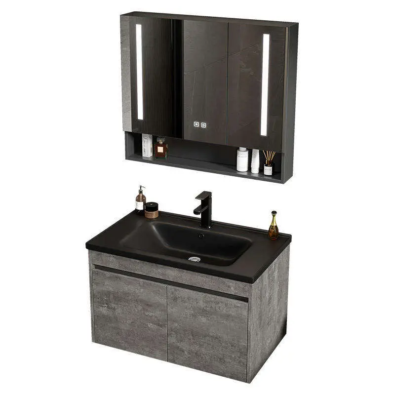 Modern Cement Grey Wall-mounted Bathroom Vanity with Ceramic Integrated Basin LED Mirror Cabinet Open Shelf for Bathroom — image 4