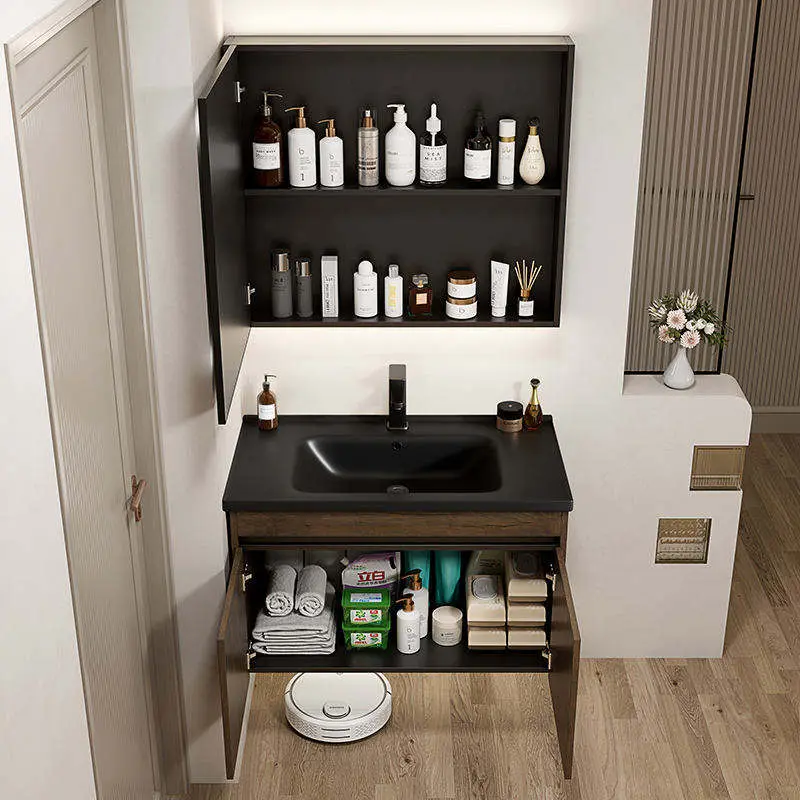 Customized Modern Rustic Brown Wall-mounted Bathroom Vanity with Drawer & Cabinet Storage, LED Smart Mirror & Integrated — view 5
