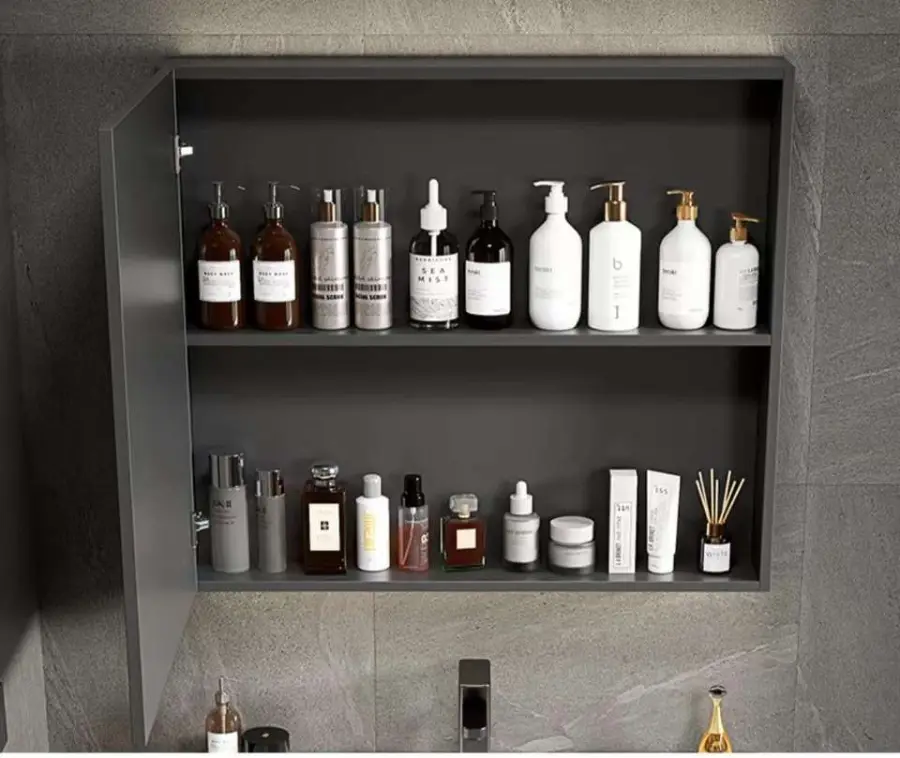 Modern Cement Grey Wall-mounted Bathroom Vanity with Ceramic Integrated Basin LED Mirror Cabinet Open Shelf for Bathroom — image 6