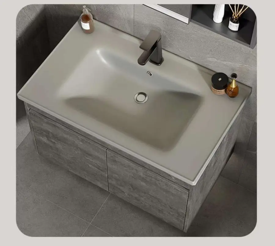 Modern Cement Grey Wall-mounted Bathroom Vanity with Ceramic Integrated Basin LED Mirror Cabinet Open Shelf for Bathroom — image 7