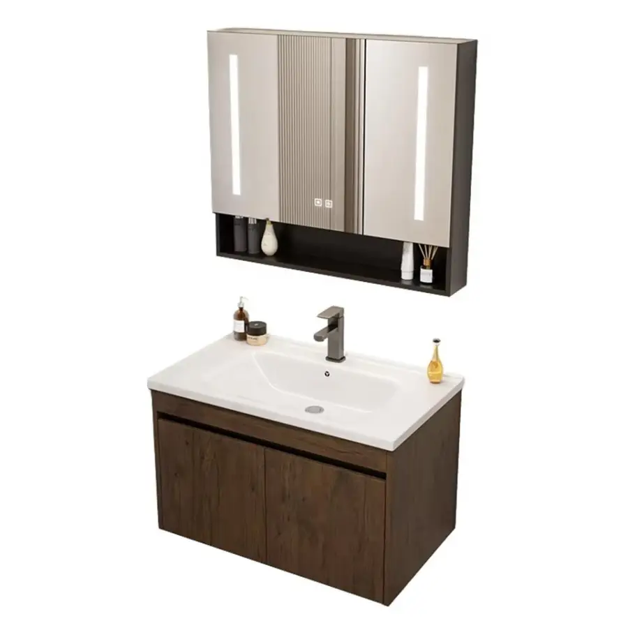 Custom-made Coffee-colored PVC Durable Simple Multi-sized Wall-mounted Smart Mirror Ceramic Basin Bathroom Vanity — view 1