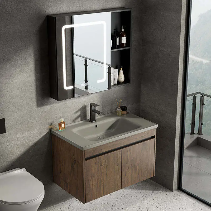 Custom-made Coffee-colored PVC Durable Simple Multi-sized Wall-mounted Smart Mirror Ceramic Basin Bathroom Vanity — image 4
