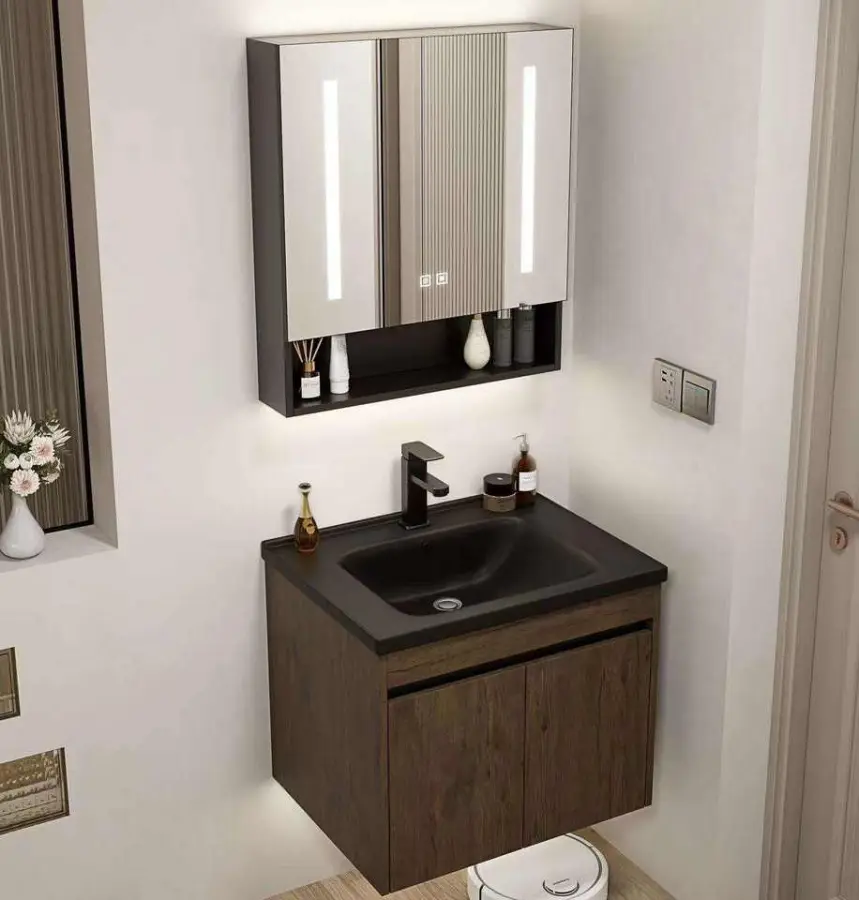 Custom-made Coffee-colored PVC Durable Simple Multi-sized Wall-mounted Smart Mirror Ceramic Basin Bathroom Vanity — image 5