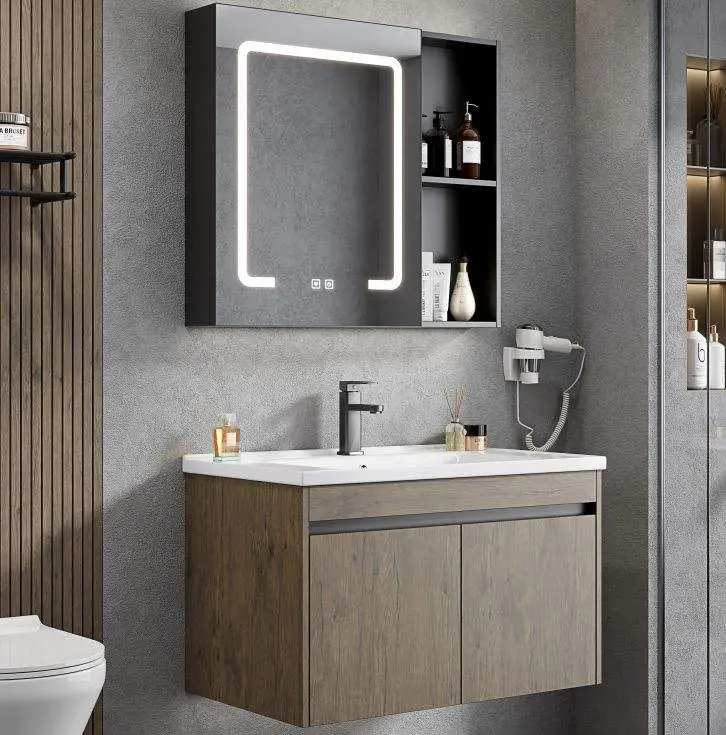 Customized Modern Light Walnut Wall-mounted Bathroom Vanity with White Ceramic Basin LED Mirror Open Shelf for Bathroom — view 1