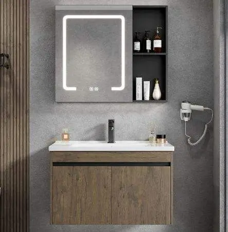 Customized Modern Light Walnut Wall-mounted Bathroom Vanity with White Ceramic Basin LED Mirror Open Shelf for Bathroom Use — image 3