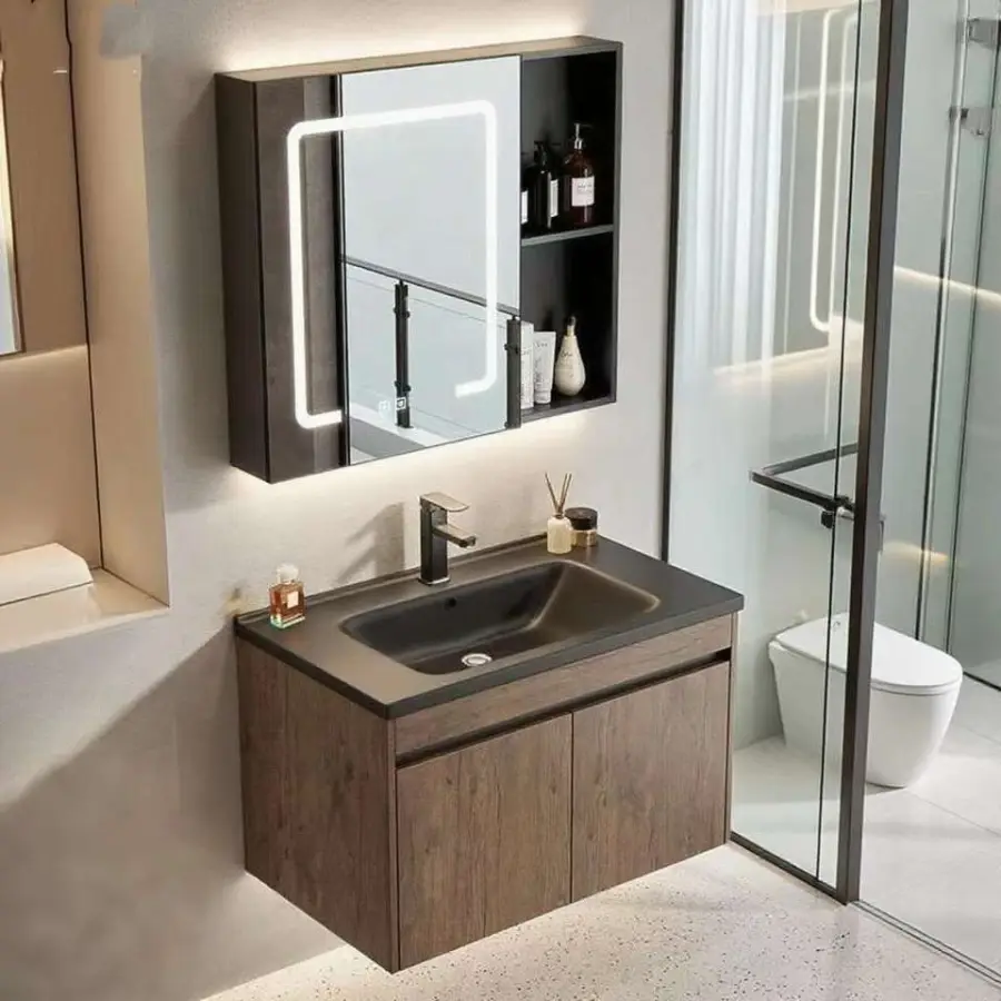 Customized Modern Natural Wood Wall-mounted Bathroom Vanity with LED Mirror Defogger Open Shelf Scratch Resistant for Bathroom — image 3