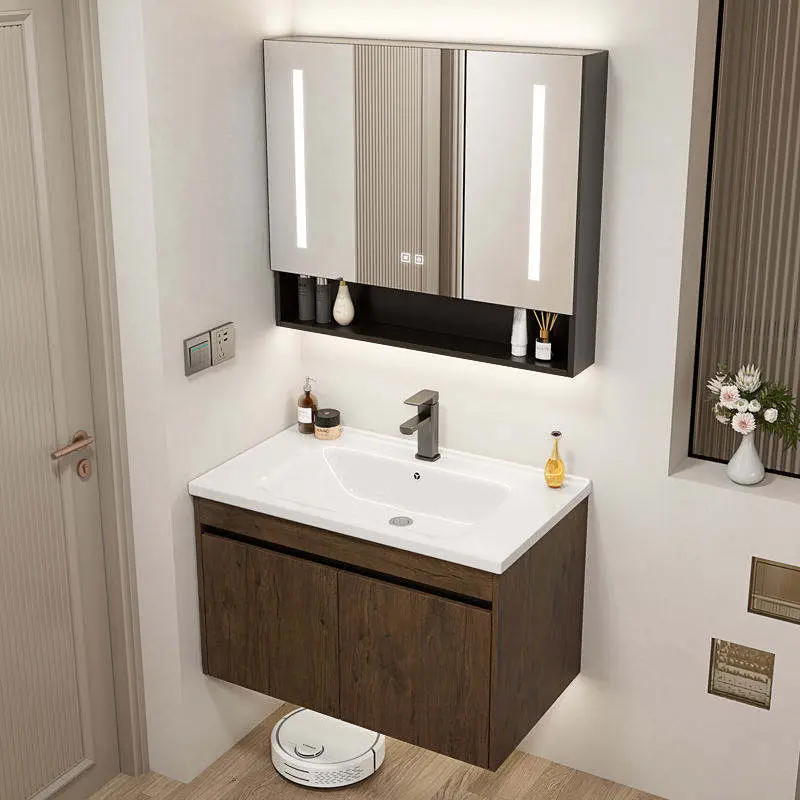 Customized Modern Natural Wood Wall-mounted Bathroom Vanity with LED Mirror Defogger Open Shelf Scratch Resistant for Bathroom — image 4