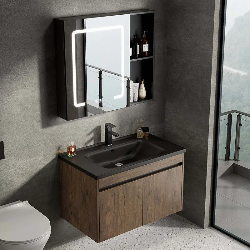 Customized Modern Light Walnut Wall-mounted Bathroom Vanity with White Ceramic Basin LED Mirror Open Shelf for Bathroom Use — image 7