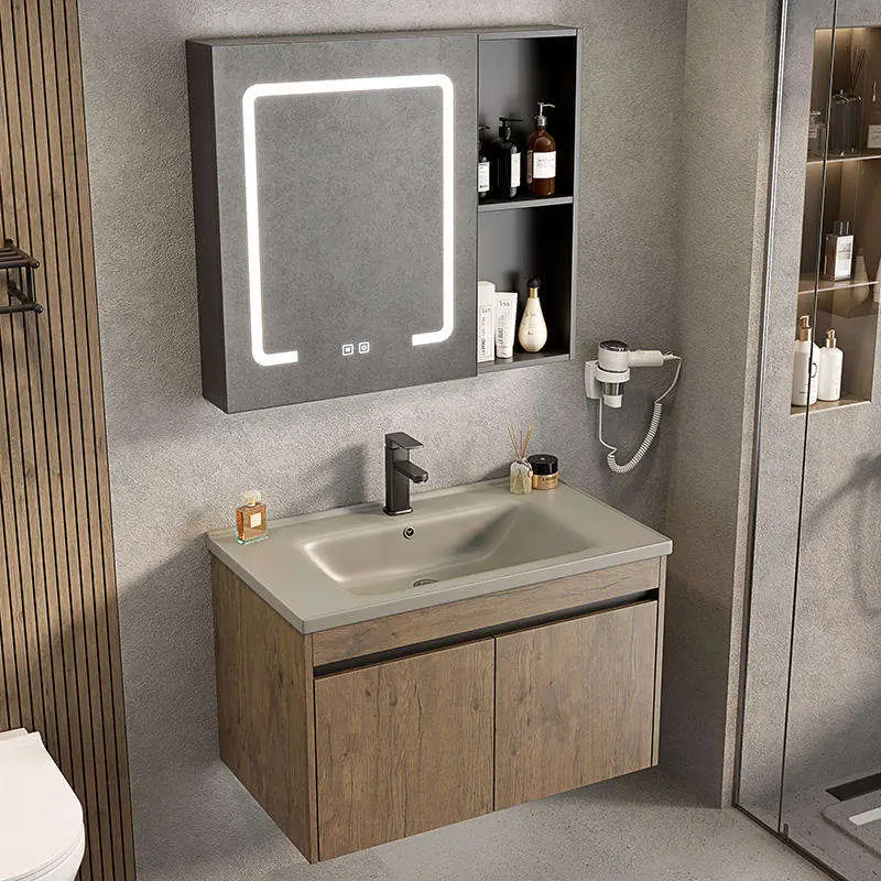 Customized Modern Natural Wood Wall-mounted Bathroom Vanity with LED Mirror Defogger Open Shelf Scratch Resistant for Bathroom — image 5