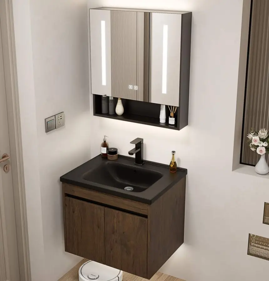 Customized Modern Natural Wood Wall-mounted Bathroom Vanity with LED Mirror Defogger Open Shelf Scratch Resistant for Bathroom — image 6