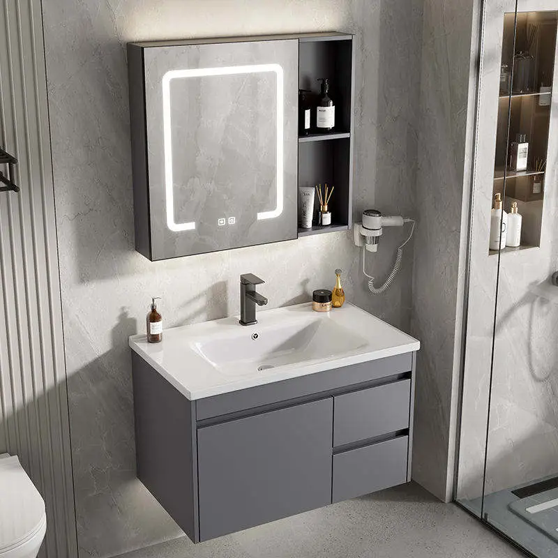 Customized Wholesale Gray Wall-mounted Durable 3-drawer Bathroom Vanity with Integrated Ceramic Basin and LED Mirror Cabinet — image 3