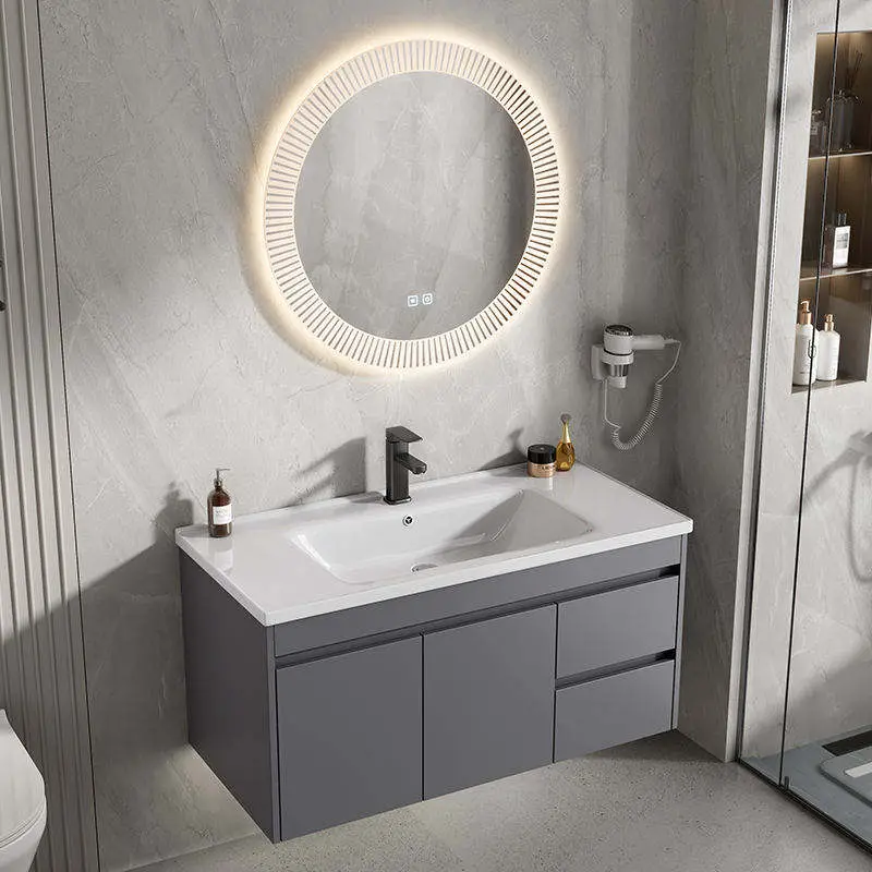 Customized Wholesale Gray Wall-mounted Durable 3-drawer Bathroom Vanity with Integrated Ceramic Basin and LED Mirror Cabinet — image 4