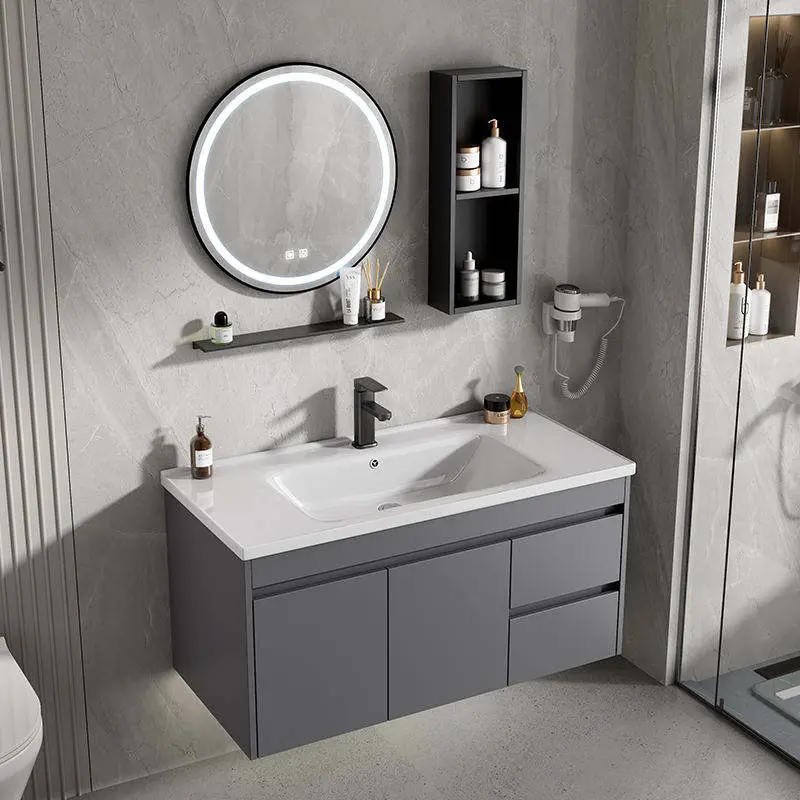 Customized Wholesale Gray Wall-mounted Durable 3-drawer Bathroom Vanity with Integrated Ceramic Basin and LED Mirror Cabinet — image 5