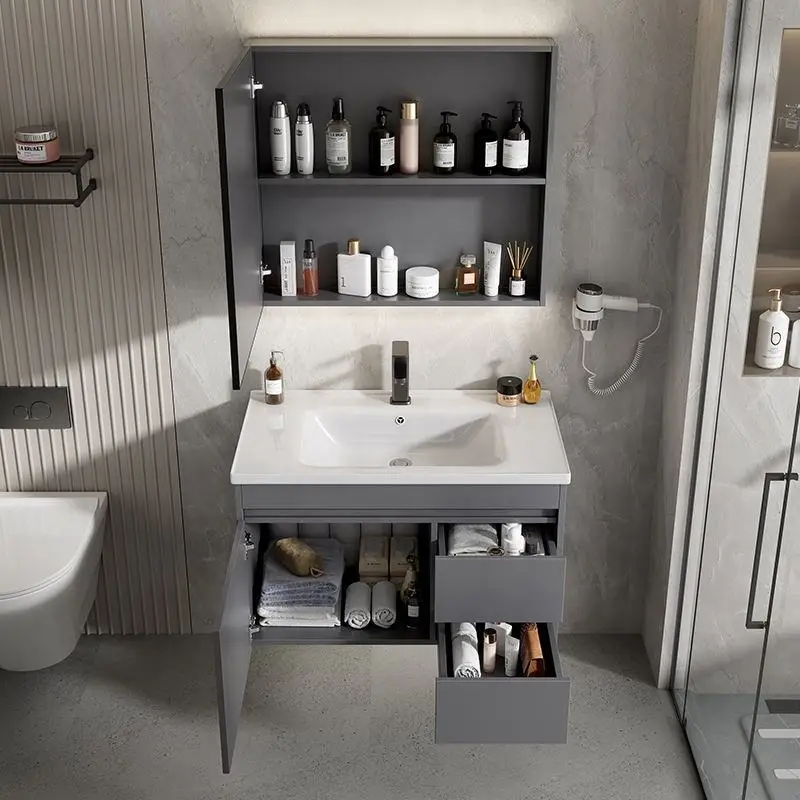 Customized Wholesale Gray Wall-mounted Durable 3-drawer Bathroom Vanity with Integrated Ceramic Basin and LED Mirror Cabinet — image 6