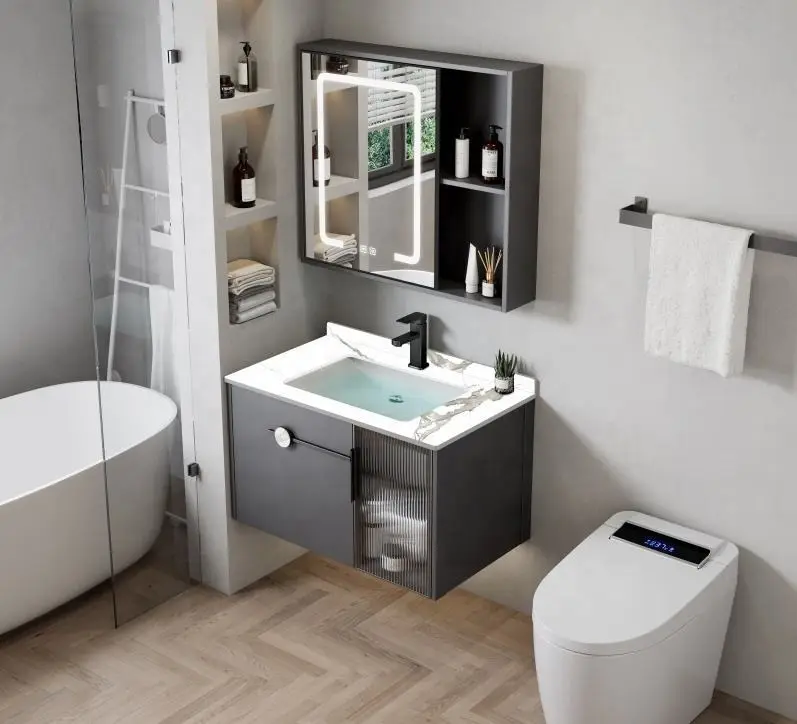 Bathroom Modern Style Wall Hung High-end Elegant Cabinet Storage Dressing Table Bathroom Vanity With Sink Smart Mirror — view 1