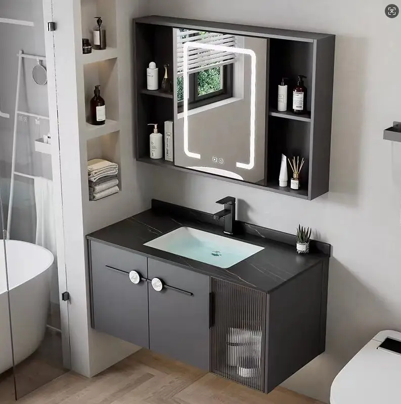 Bathroom Modern Style Wall Hung High-end Elegant Cabinet Storage Dressing Table Bathroom Vanity With Sink Smart Mirror — image 3