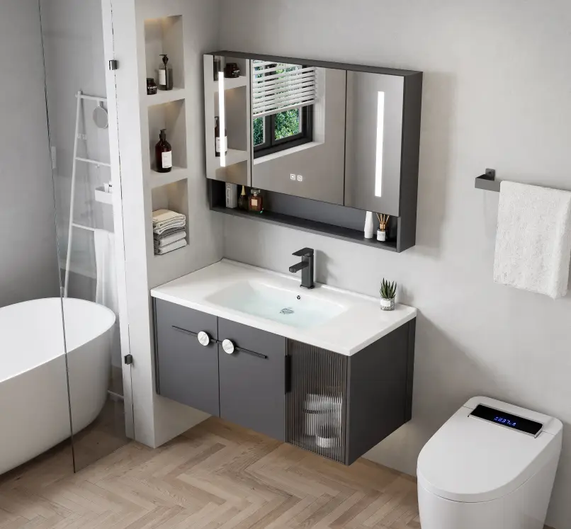 Bathroom Modern Style Wall Hung High-end Elegant Cabinet Storage Dressing Table Bathroom Vanity With Sink Smart Mirror — image 4