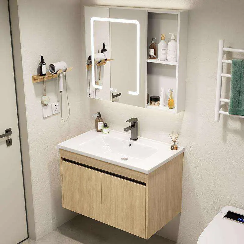 Customized Natural Wood Wall-Mounted Bathroom Vanity with Ceramic Basin & Smart Anti-Fog LED Mirror Cabinet with Open Sh — view 1