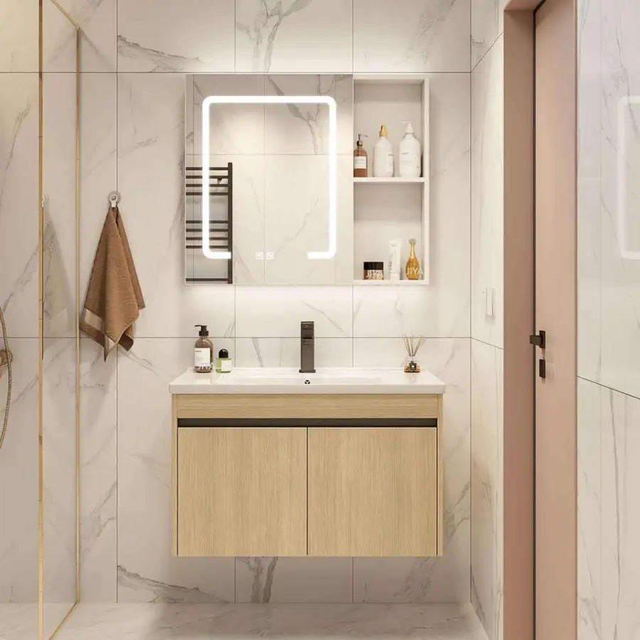 Customized Natural Wood Wall-Mounted Bathroom Vanity with Ceramic Basin & Smart Anti-Fog LED Mirror Cabinet with Open Shelf — image 3