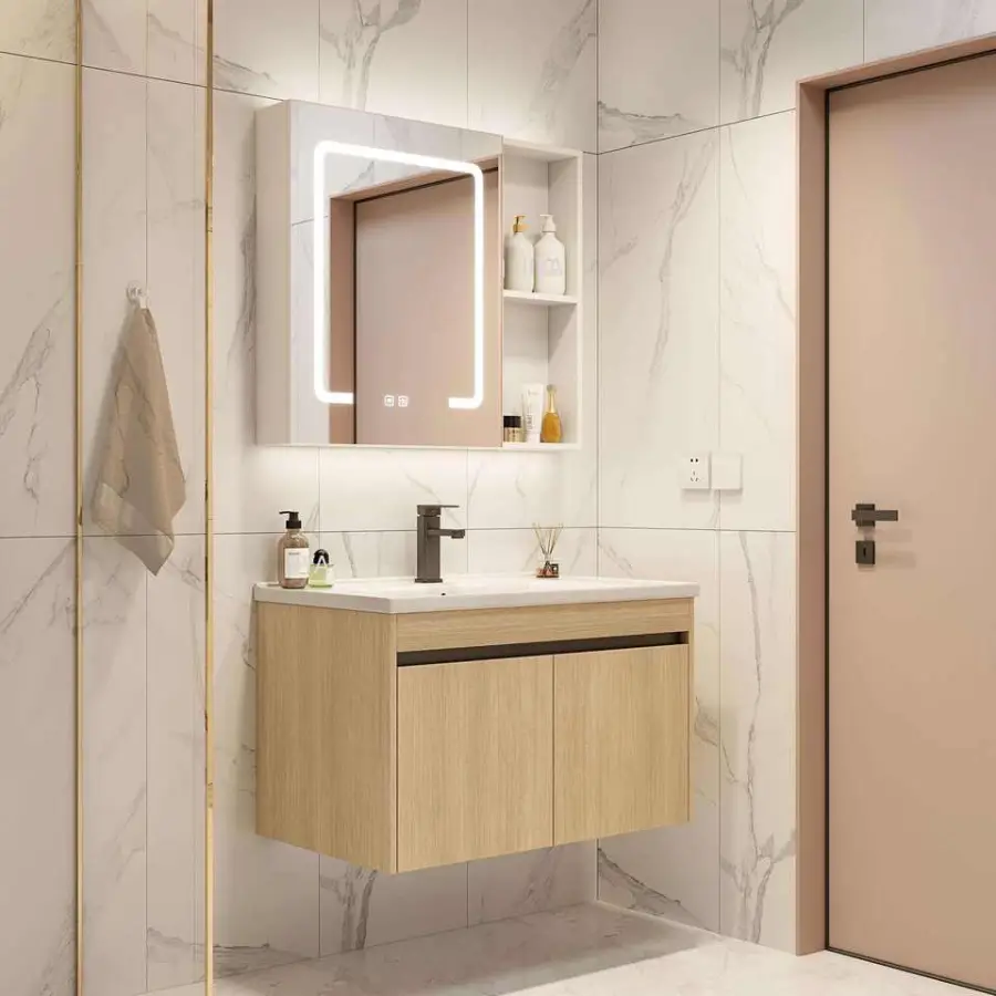 Customized Natural Wood Wall-Mounted Bathroom Vanity with Ceramic Basin & Smart Anti-Fog LED Mirror Cabinet with Open Shelf — image 4