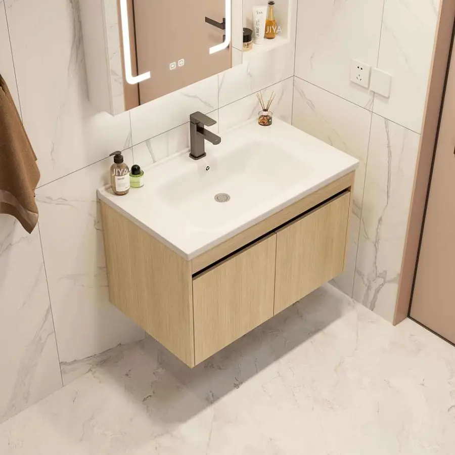 Customized Natural Wood Wall-Mounted Bathroom Vanity with Ceramic Basin & Smart Anti-Fog LED Mirror Cabinet with Open Shelf — image 5