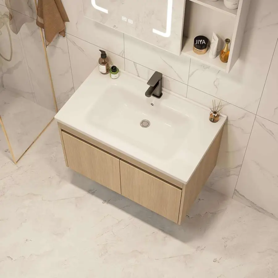 Customized Natural Wood Wall-Mounted Bathroom Vanity with Ceramic Basin & Smart Anti-Fog LED Mirror Cabinet with Open Shelf — image 6