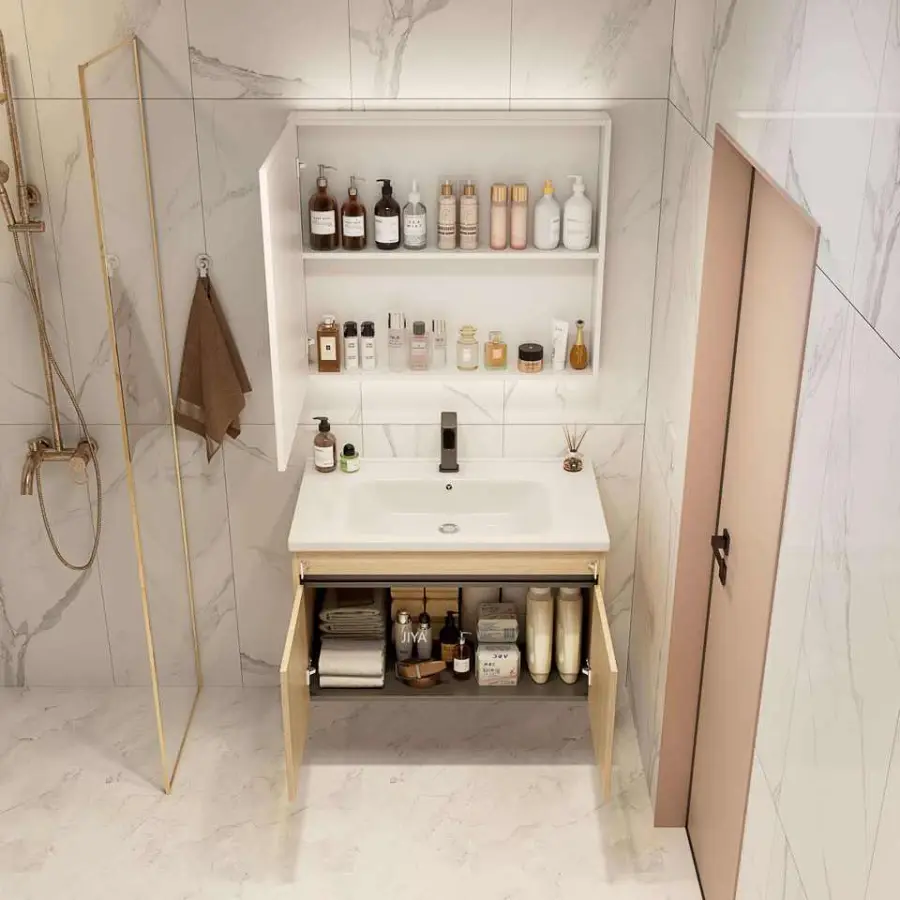 Customized Natural Wood Wall-Mounted Bathroom Vanity with Ceramic Basin & Smart Anti-Fog LED Mirror Cabinet with Open Shelf — image 7