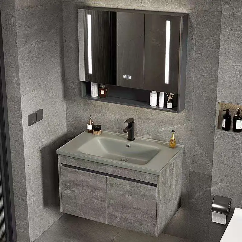 Customized Wholesale Industrial Style Grey Wall-mounted Bathroom Vanity with LED Smart Mirror Cabinet & Ceramic Basin — image 3