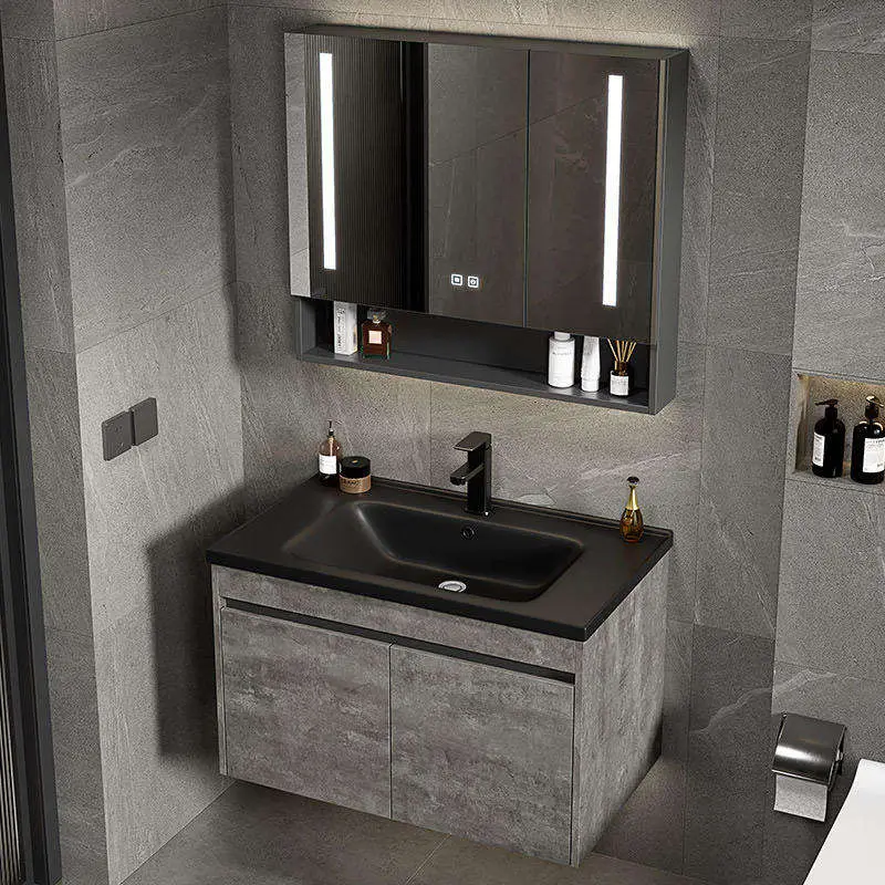 Customized Wholesale Industrial Style Grey Wall-mounted Bathroom Vanity with LED Smart Mirror Cabinet & Ceramic Basin — image 4