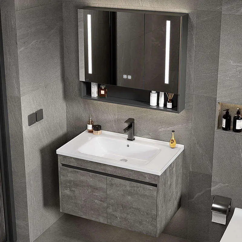 Customized Wholesale Industrial Style Grey Wall-mounted Bathroom Vanity with LED Smart Mirror Cabinet & Ceramic Basin — image 5