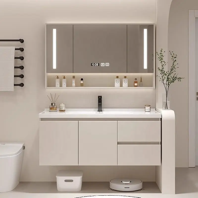 Customized Wholesale European-style White Floating Durable PVC Bathroom Vanity with Hidden Space and Seamless Basin — view 1