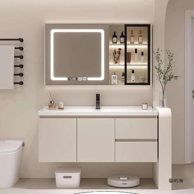 Customized Wholesale European-style White Floating Durable PVC Bathroom Vanity with Hidden Space and Seamless Basin — image 3