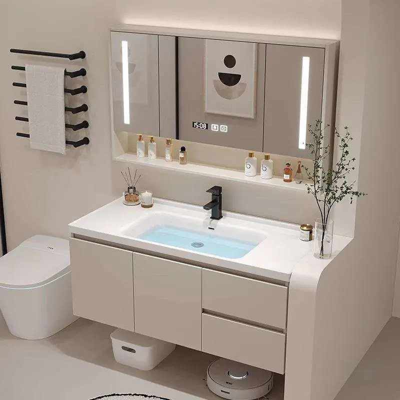 Customized Wholesale European-style White Floating Durable PVC Bathroom Vanity with Hidden Space and Seamless Basin — image 4