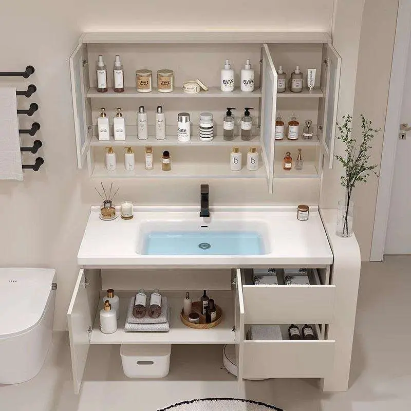 Customized Wholesale European-style White Floating Durable PVC Bathroom Vanity with Hidden Space and Seamless Basin — image 5