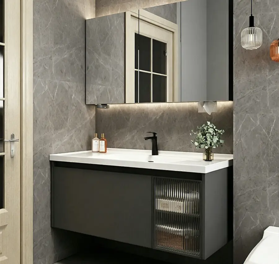 2026 New Model Wall-mounted Gray Single-drawer Glass Cabinet Ceramic Bathtub Bathroom Vanity for Hotel and Apartment Pro — view 1