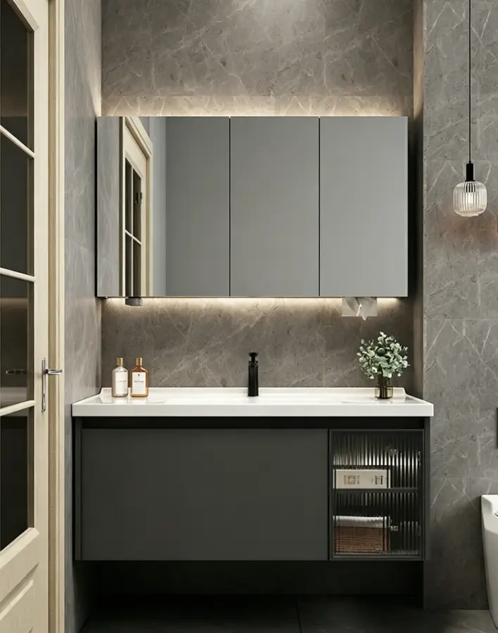 2026 New Model Wall-mounted Gray Single-drawer Glass Cabinet Ceramic Bathtub Bathroom Vanity for Hotel and Apartment Projects — image 3