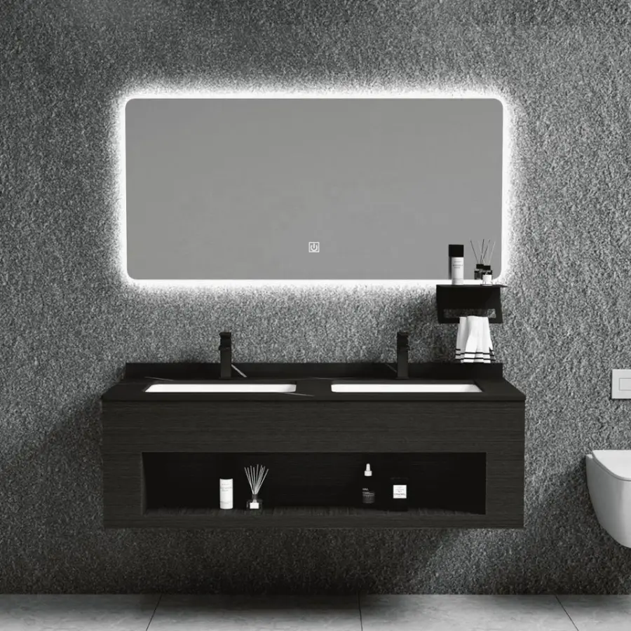 Customized Wall-Mounted Led Mirror Washbasin Stone Basin PVC Dressing Table Bathroom Vanity for Hotel Apartment — view 1
