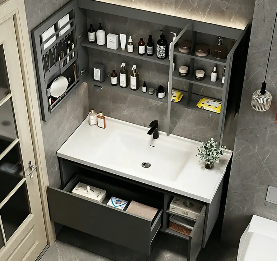 2026 New Model Wall-mounted Gray Single-drawer Glass Cabinet Ceramic Bathtub Bathroom Vanity for Hotel and Apartment Projects — image 4