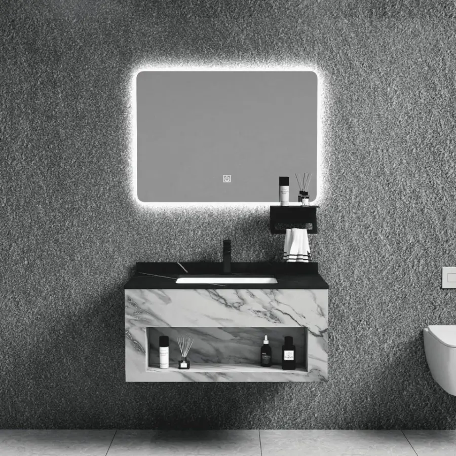 Customized Wall-Mounted Led Mirror Washbasin Stone Basin PVC Dressing Table Bathroom Vanity for Hotel Apartment — image 3