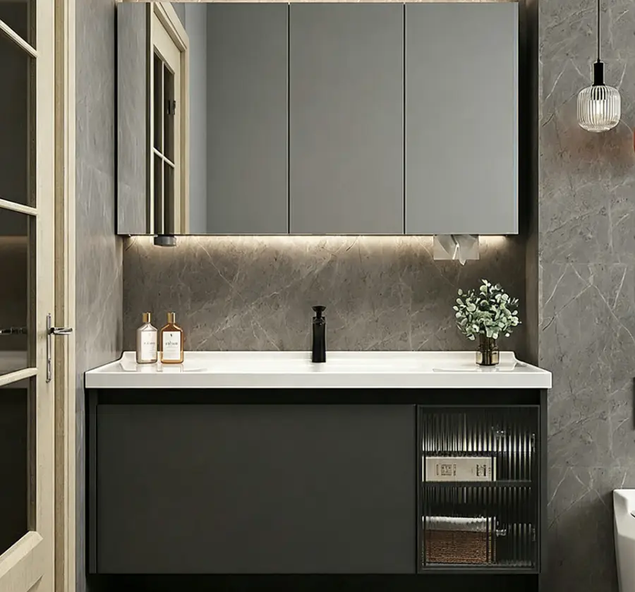 2026 New Model Wall-mounted Gray Single-drawer Glass Cabinet Ceramic Bathtub Bathroom Vanity for Hotel and Apartment Projects — image 5